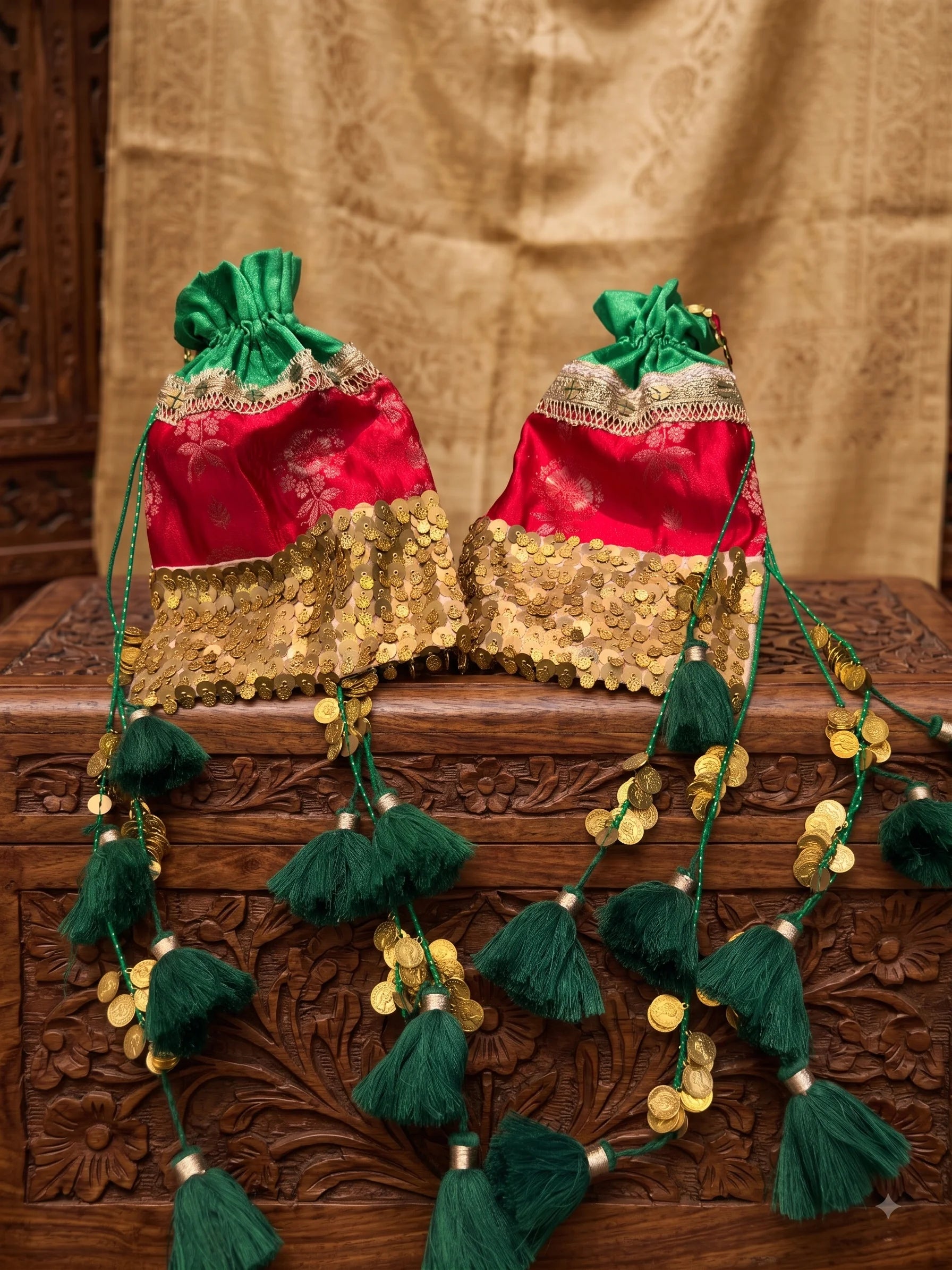 Gulab & Zari Emerald Tassel Potli